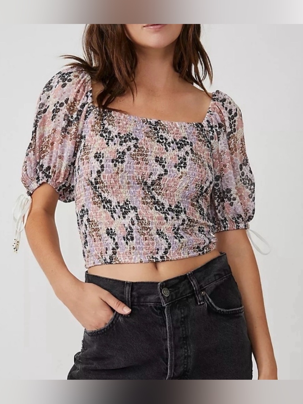 Free People Women's Pink Floral Puff Sleeve Cropped Blouse Top Size S Boho